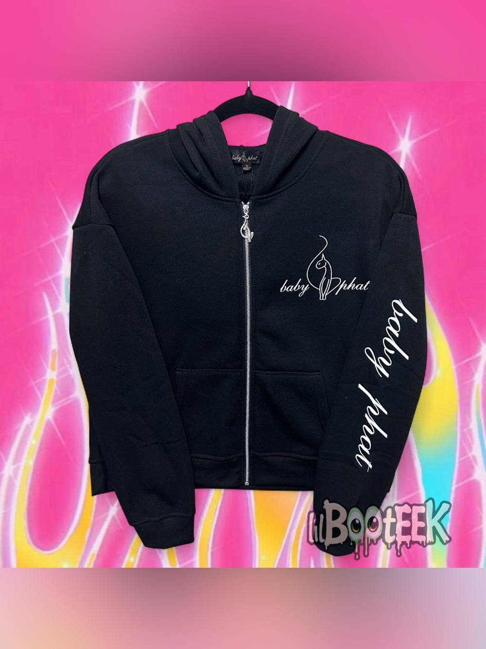 Baby Phat XL Black Fleece Zip Hoodie Sweatshirt with White Front & Arm Logo Y2K